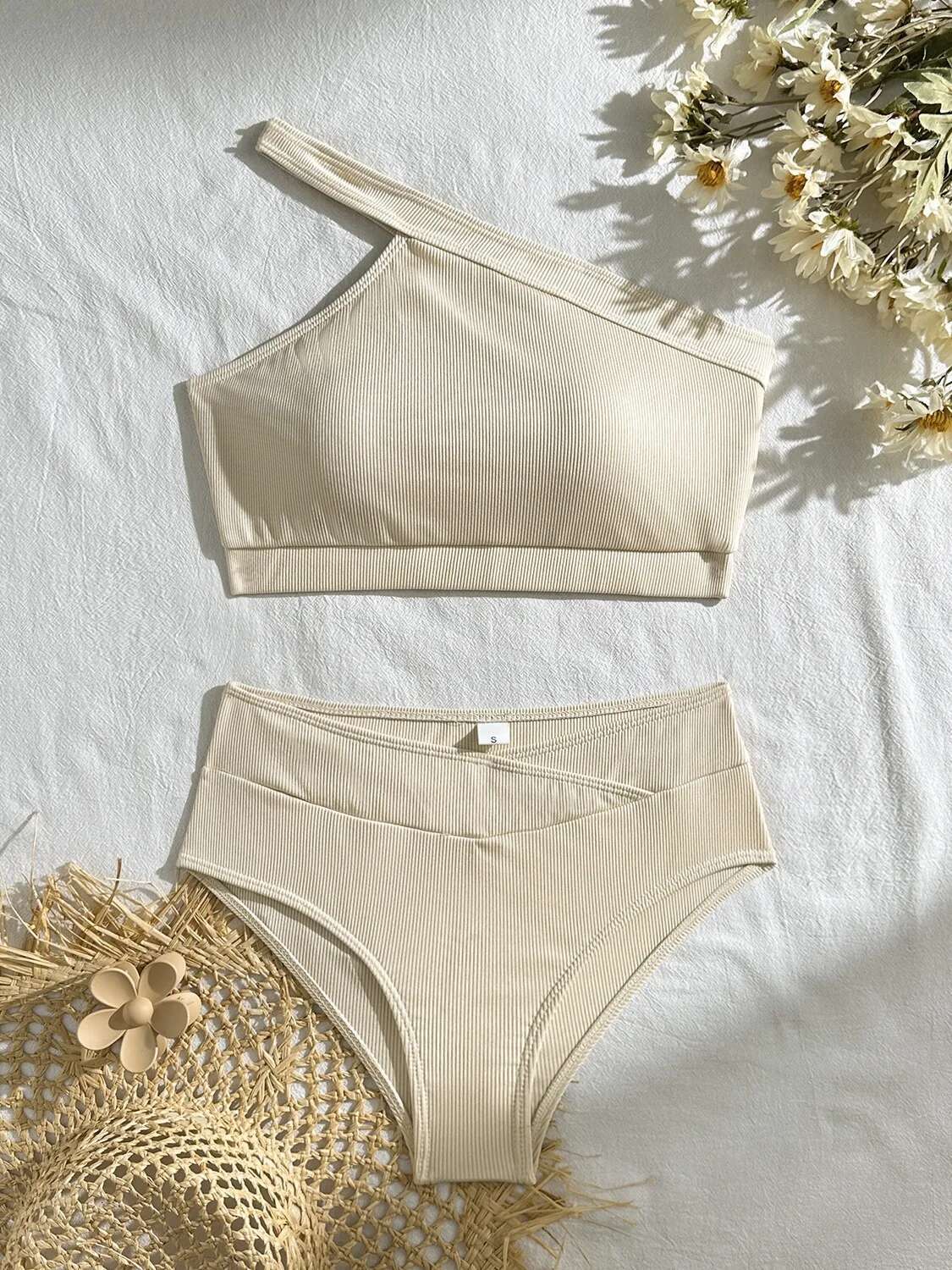 Dongdumaoyi Solid Color Two Piece Swimsuit For Women Sexy High Waist Single Shoulder Backless Bikini Set Summer Beach Vacation Swimwear
