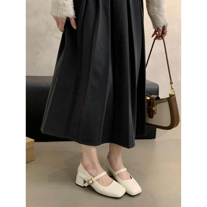 French Retro Square Toe Shallow Mouth Single For Women, Mid Heel, Spring And Autumn Evening Breeze, Free shipping Elegant Fairy Style, Chunky Heel Mar