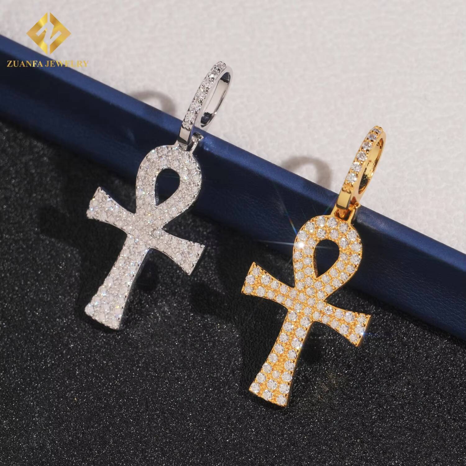 Luxury High-end S925 Sterling Silver VVS Moissanite Ankh Cross Pendant Rope Chain Pendant