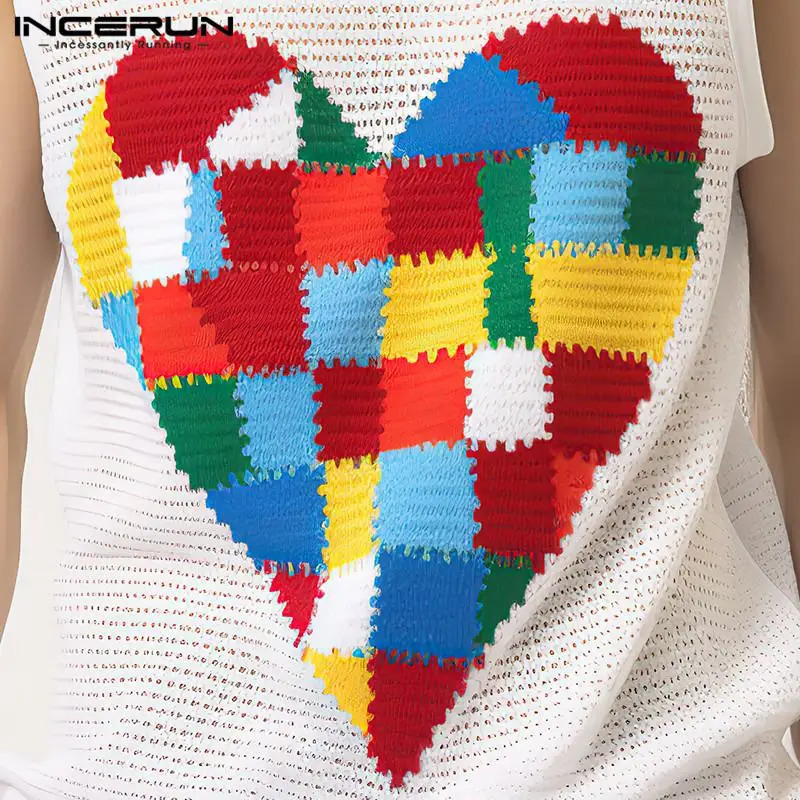 Fashionable fit top INCERUN mens colorful heart-shaped vest interesting hollow mesh sleeveless vest S-5XL 250403