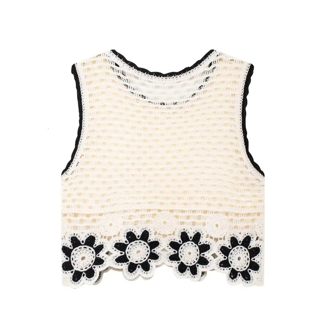 Autumn European and American style crocheted sleeveless top contrasting color knitted wide leg pants fashion set 250402