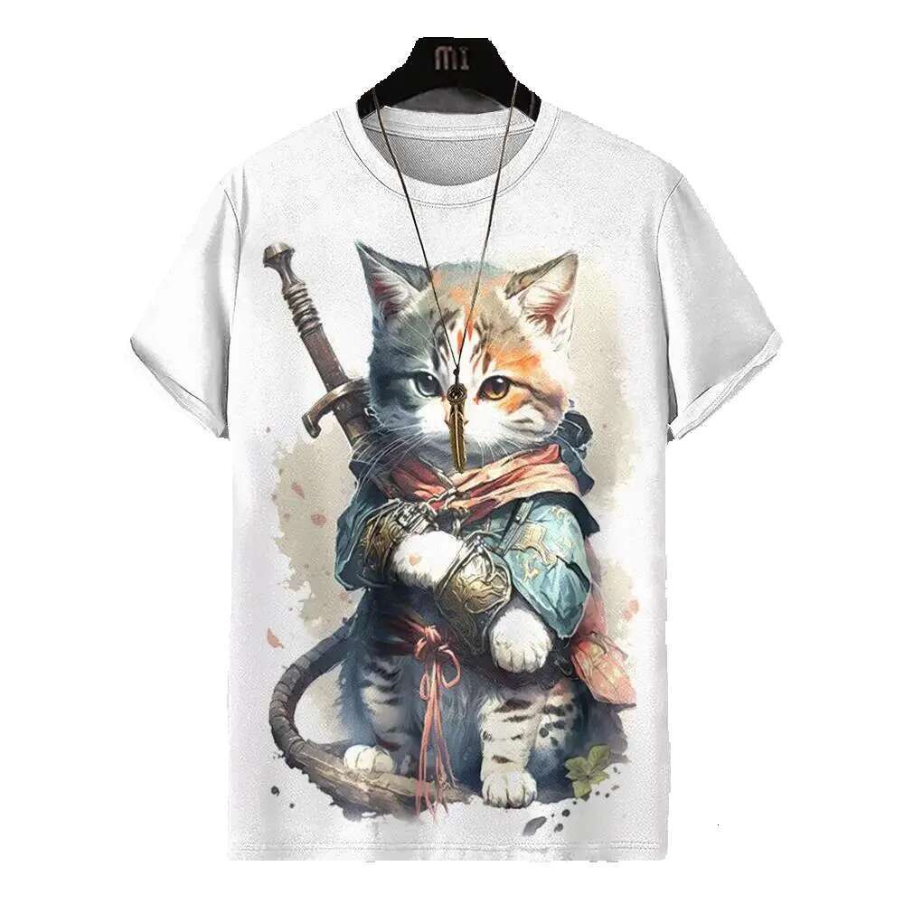 Japanese style 3D printed with warrior cat pattern casual short sleeved T-shirt oversized men's top