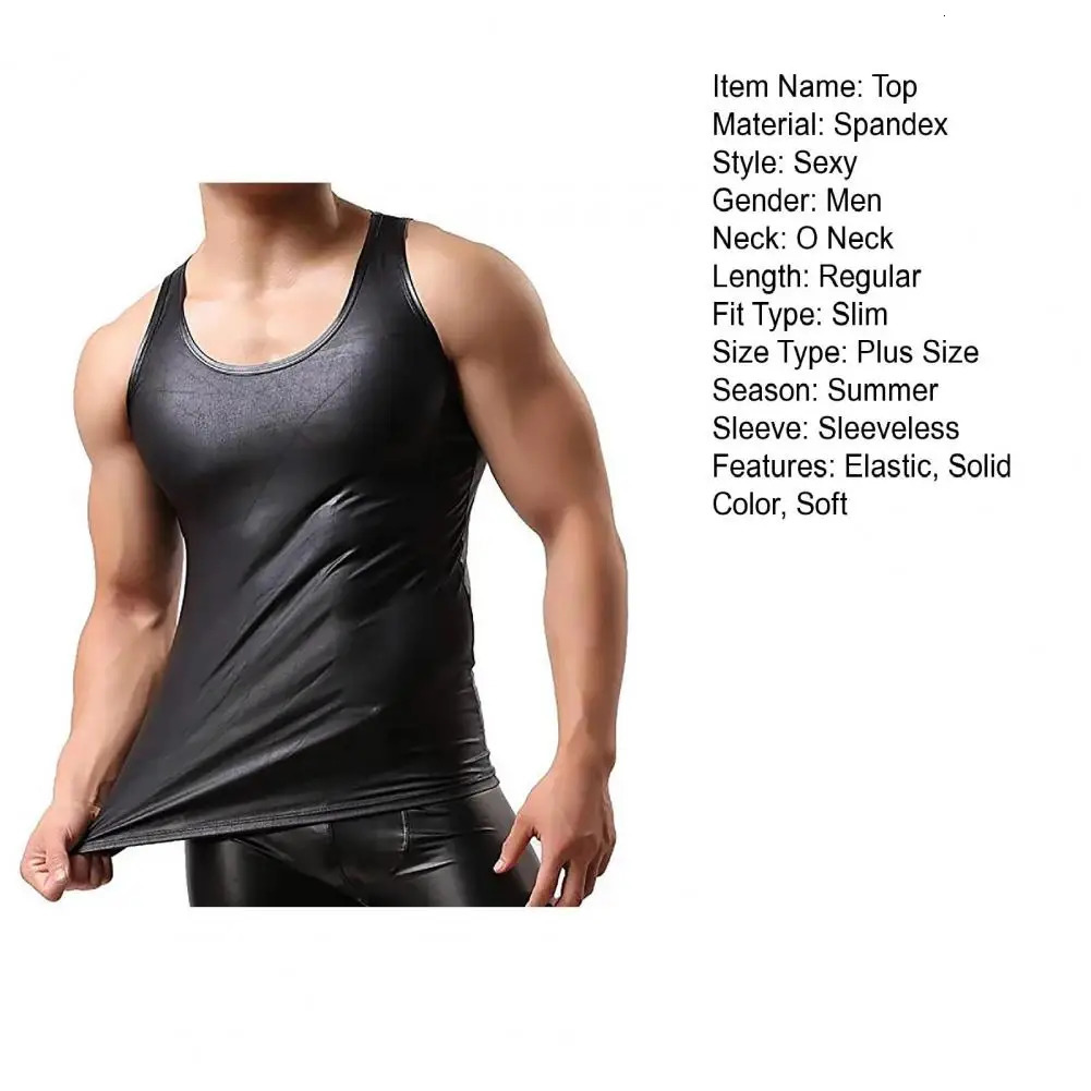 Mens sexy PU leather vest sleeveless Erotic Shaping Sheath elastic shirt soft latex body patent leather T-shirt club vest 250403