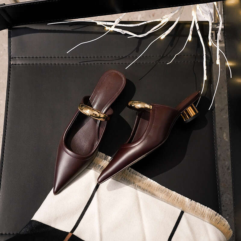 Minimalist Pointed Mules For Women, French Style, Chunky Mid Heel, Half Slippers, Metal Capped Toe, Open Free shipping Toe Sandals