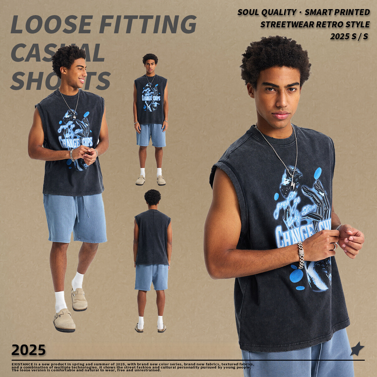 Chain Trendy Wear | 2025 Stir fried Snowflake Used Tank Top Digital Direct Spray Printed Shoulder Wash Water Sleeveless Men's T-shirt