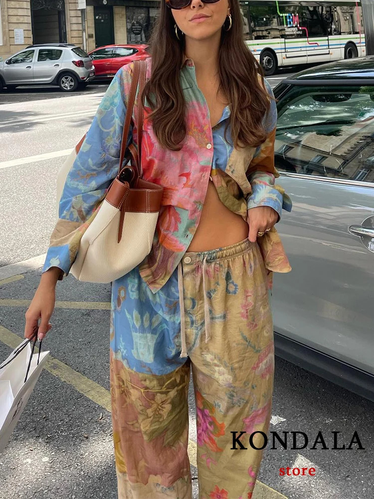 TRAFZA Vintage Tie Dye Print Women Suit Single Breasted Blouse Straight Long Loose Pants Fashion Summer Boho Sets 250313