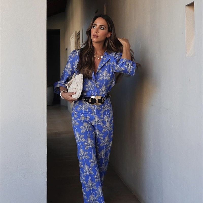 ZABA Womens Two Piece VNeck Printed Long Sleeve Top Loose High Waist Elasticated Wide Leg Pants Comfortable Set 250313