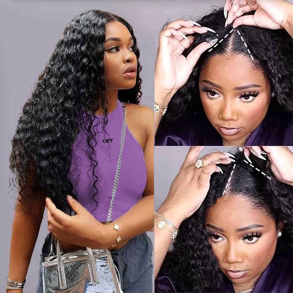 30 Inch Curly V Part Wig Human Hair Brazilian Virgin Human Hair Wig Upgrade U Part Wig Glueless V Shape Wig Natural Black Color W251107