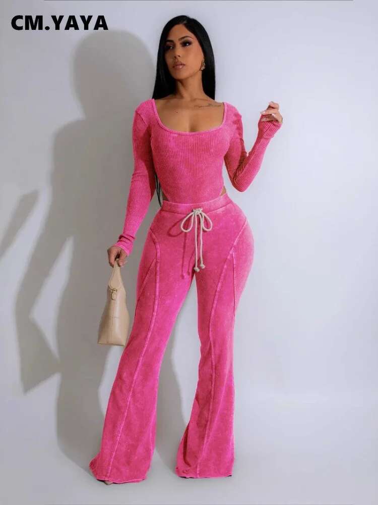 Fashion Women's Washed Knitted Long Sleeve O-Neck Bodysuits +Flare Pants Active Two 2 Piece Set Outfits Tracksuit