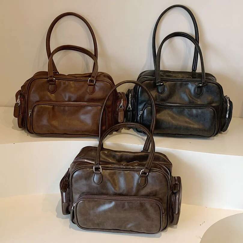 2024 New Large Capacity Travel Handbag Women's Solid Shoulder Bag Multi-Pockets Tote PU Leather Underarm Commuter Bags