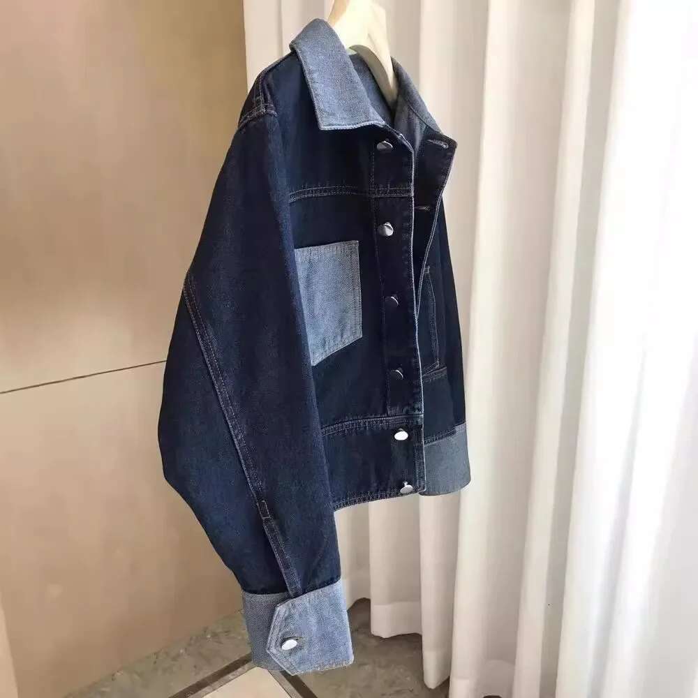 2024 New Style Women's Color Block Denim Jacket Loose Fit Casual Vintage Shirt Long Sleeve Deep Blue Outerwear Lapel