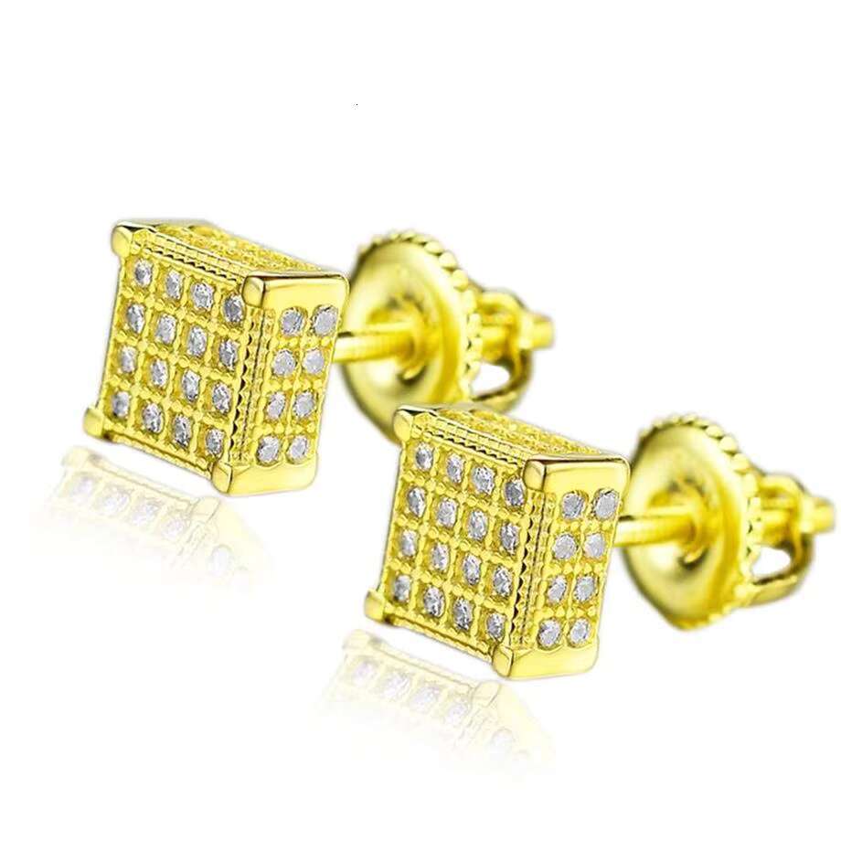 High Quality Luxury Jewelry Gold Plated Iec Out Zircon Diamond Screw Back 925 Sterling Silver Square Stud Earring for Men