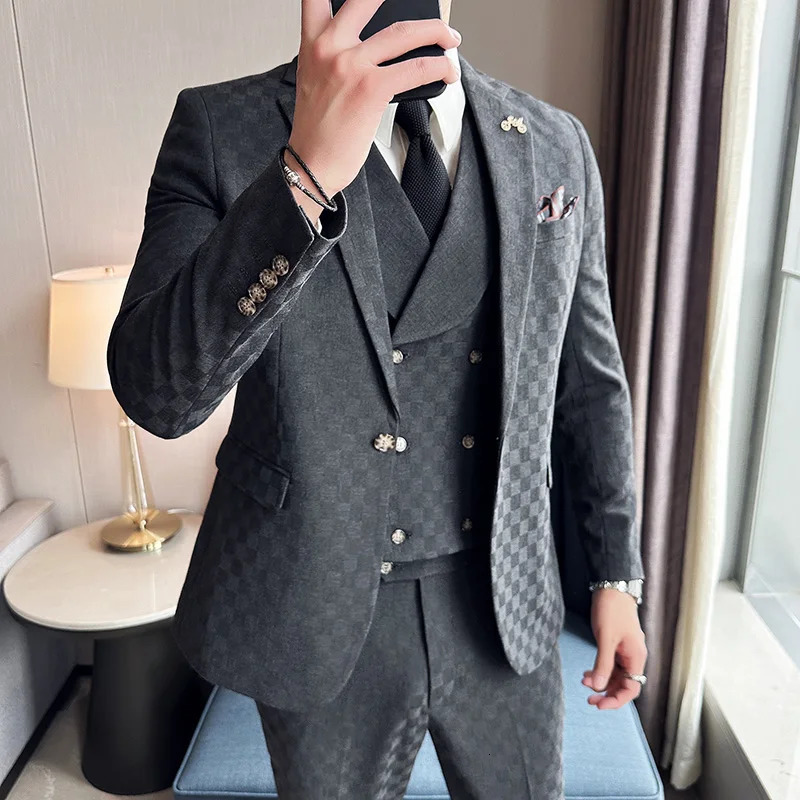 single item businessweddingbarber loose suit three piece checkered comfortable suit for men 250407
