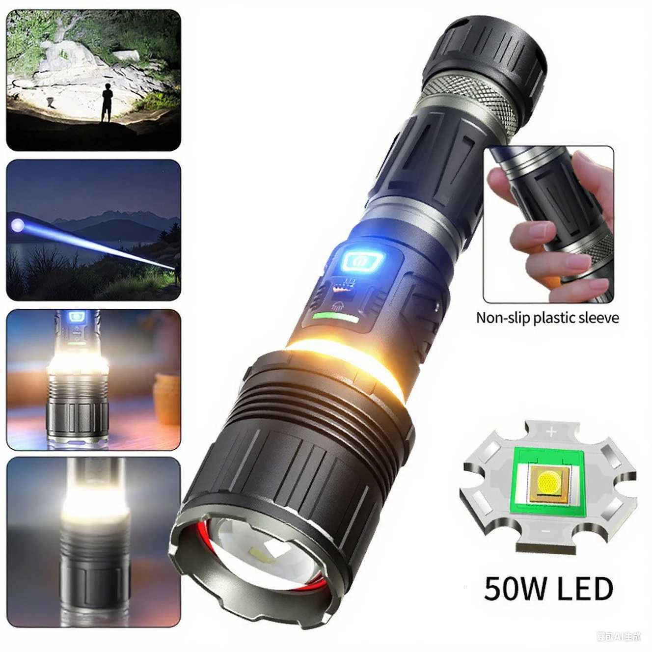 Powerful 50W LED16LED Side Light Long Range Flashlight Type-C USB Rechargeable Flashlights Telescopic Zoom TorchW251106