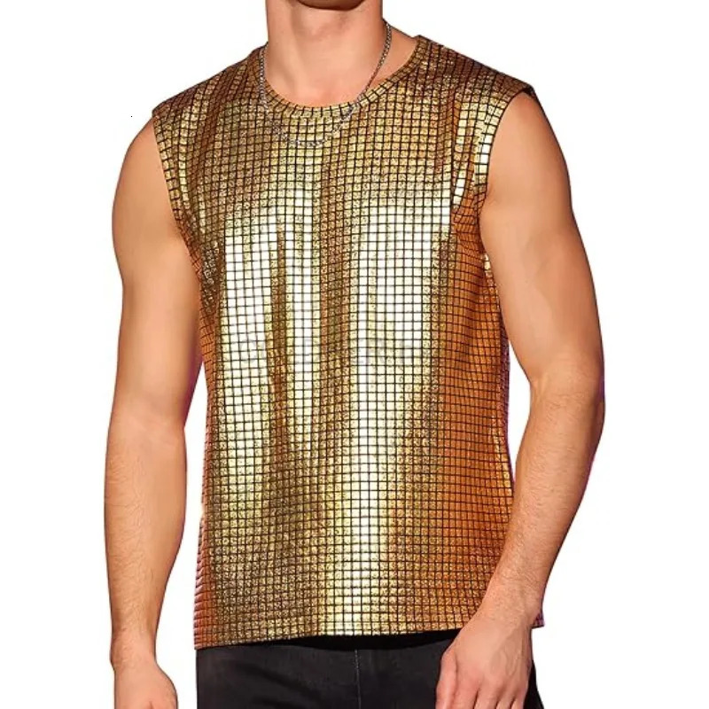 Mens O-neck sleeveless party club shiny vest party night out sleeveless shirt hip-hop dance club costume 250402
