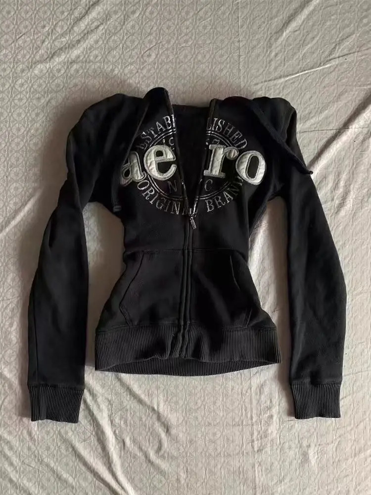 Retro letter graphic punk 2000s girl Y2k hooded sweatshirt zipper Korean sweet cut ultrathin sportswear casual women Blusas Gothic 250403