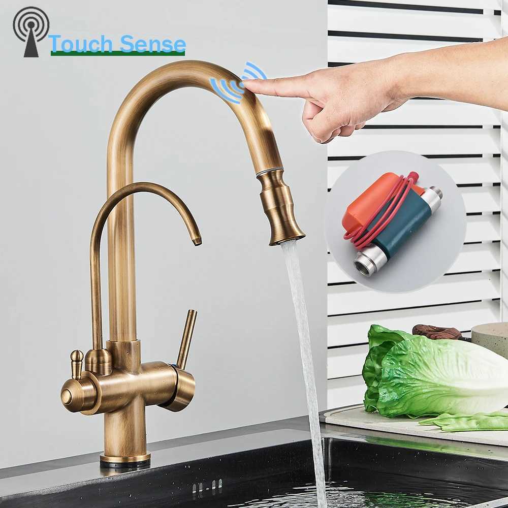 Rozin Touch Sensor Filter Water Kitchen Faucet Antique Brass Put out Sprayer Mixer Tap with Swivel e Water Crane for Kitchen H251107