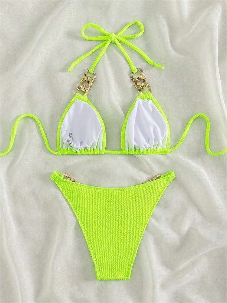 Dongdumaoyi Sexy Neon Green Piece Bikini Set Women Halter Metal Stap Push Up Swimsuit Summer Lace Beach Bathing Suit Thong Swimwear