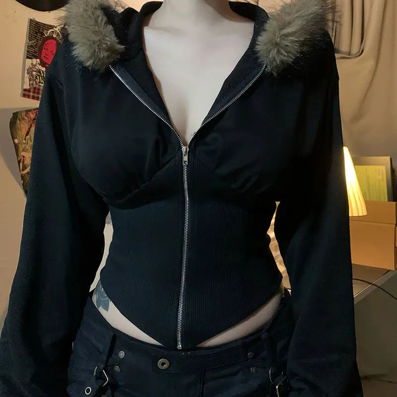 Vintage punk hoodie Y2k crop top sexy streetwear Gothic Grunge womens zipper winter ultrathin coat girl aesthetic 250403
