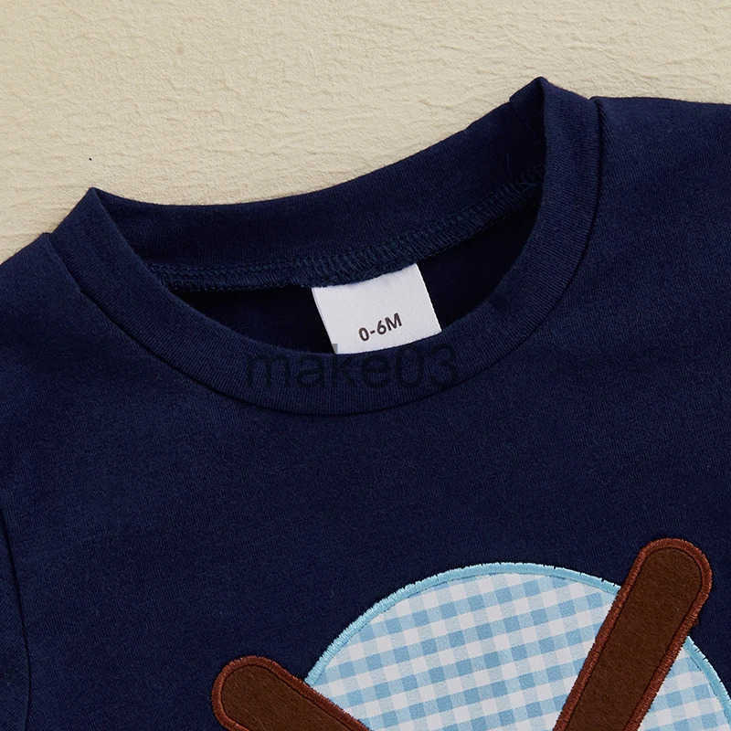 Boys 2-piece set with embroidered baseball T-shirt and checkered shorts elastic waistband short sleeved top J250403