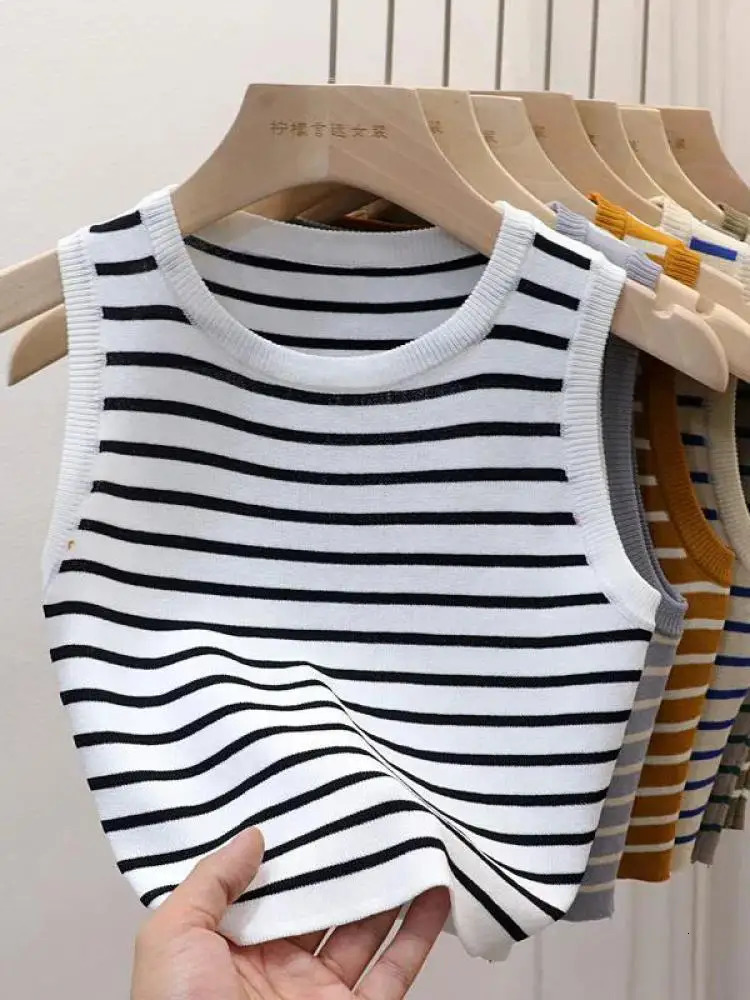 Summer Spring Striped Vest Womens Sleeveless Knitted Tshirt Crop Top Elastic Ultra Thin Casual Zipper 250407