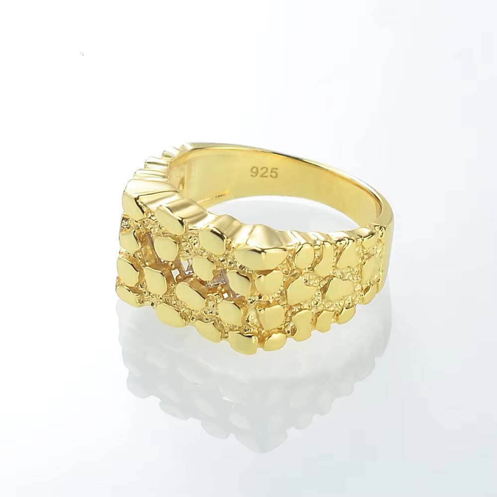 Fashion Jewelry Iced Out High Quality 14K Gold Plated 925 Sterling Silver Nugget Hip Hop Rings for Mens