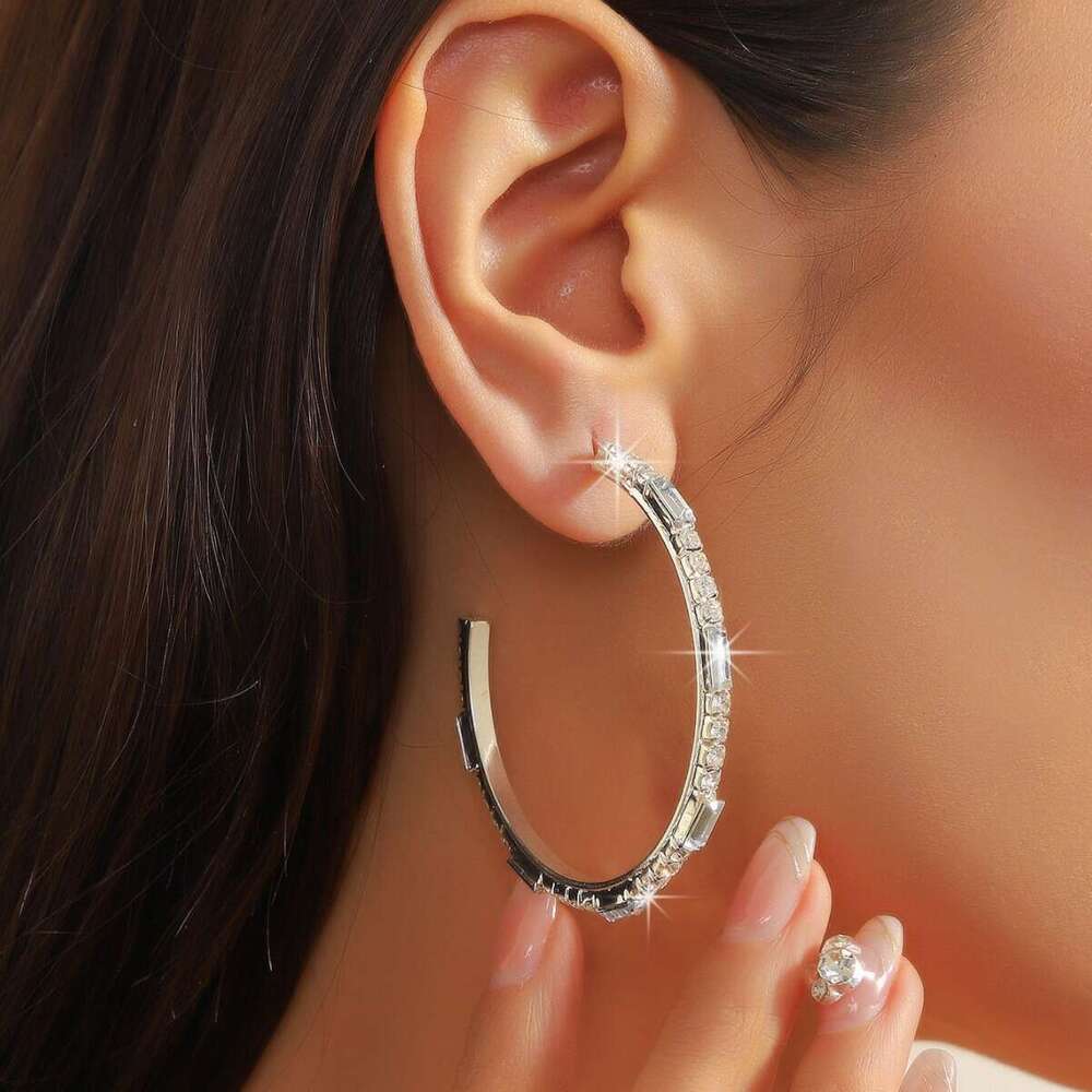 C-shaped large ring with rhies, personalized opening for women, irregular hot circular earrings, exaggerated style earrings