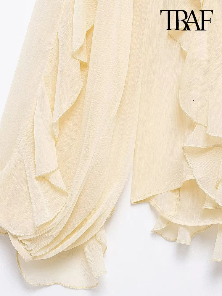 TRAF Womens Fashion Solid Color Multi Layer Ruffle Shirt Unique Perspective Vneck Single Chest Long Sleeve High Neck Top 250407