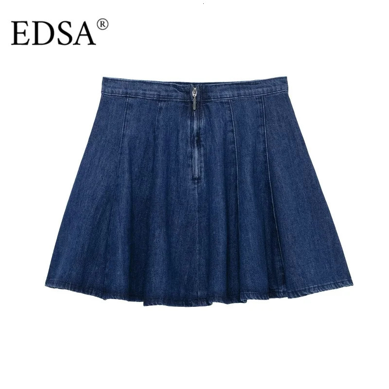 EDSA Women Blue Denim Mini Skirt Mid-waist Metal Back Zip A-line Female Y2K Solid Color High Street Short Skirt 250407
