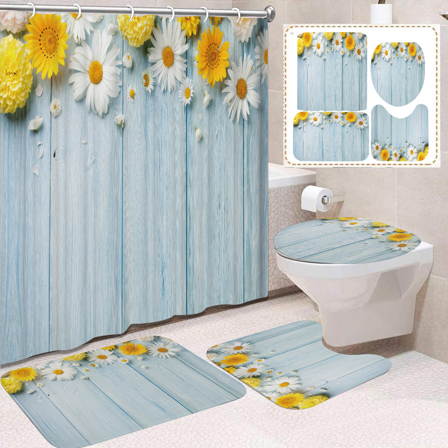 YL-37651 Factory direct sales watercolor daisy bathroom shower curtain/toilet partition curtain/no-drill curtain/shower curtain