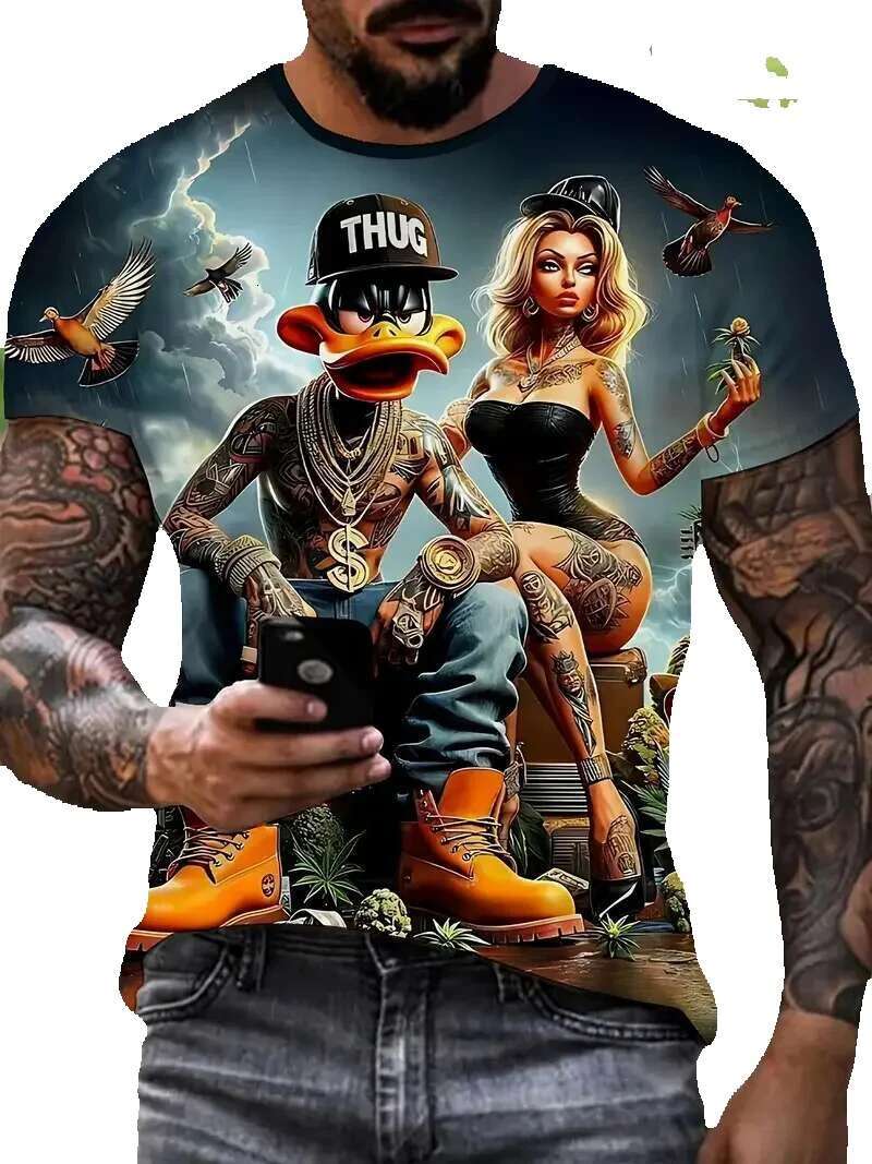 Men's short sleeved T-shirt, humorous and casual, cartoon duck print, fashionable sweater, oversized jacket, summer