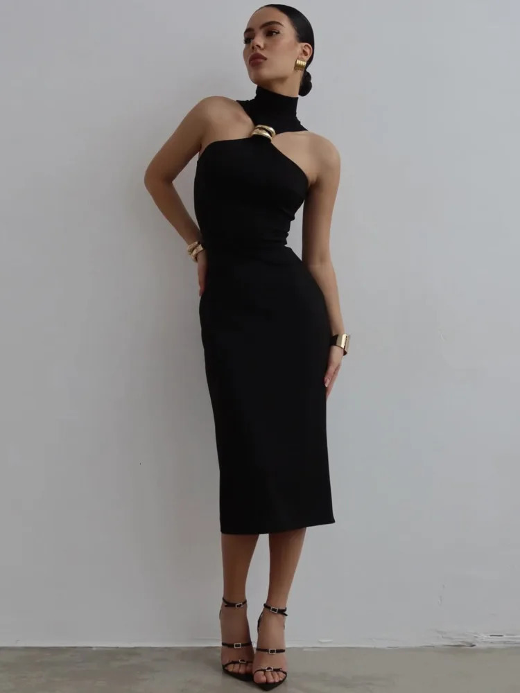 Mozision Turtleneck Shoulder Sexy Maxi Dress Womens Summer Dress Ring Metal Backless Strapless Knitted Long Dress 250402