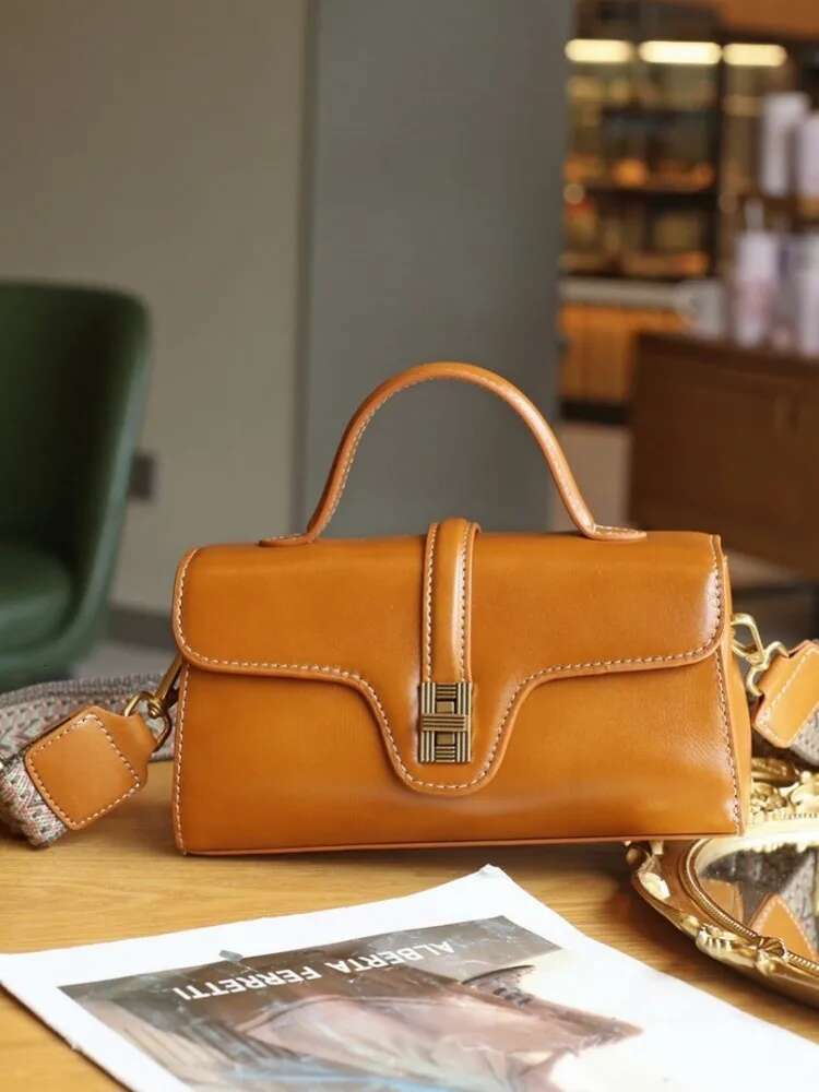 Genuine Leather Bag Women New Retro Design Tote Handbag Solid Color Office Ladies Hasp Single Crossbody Bags Fashion Satchels