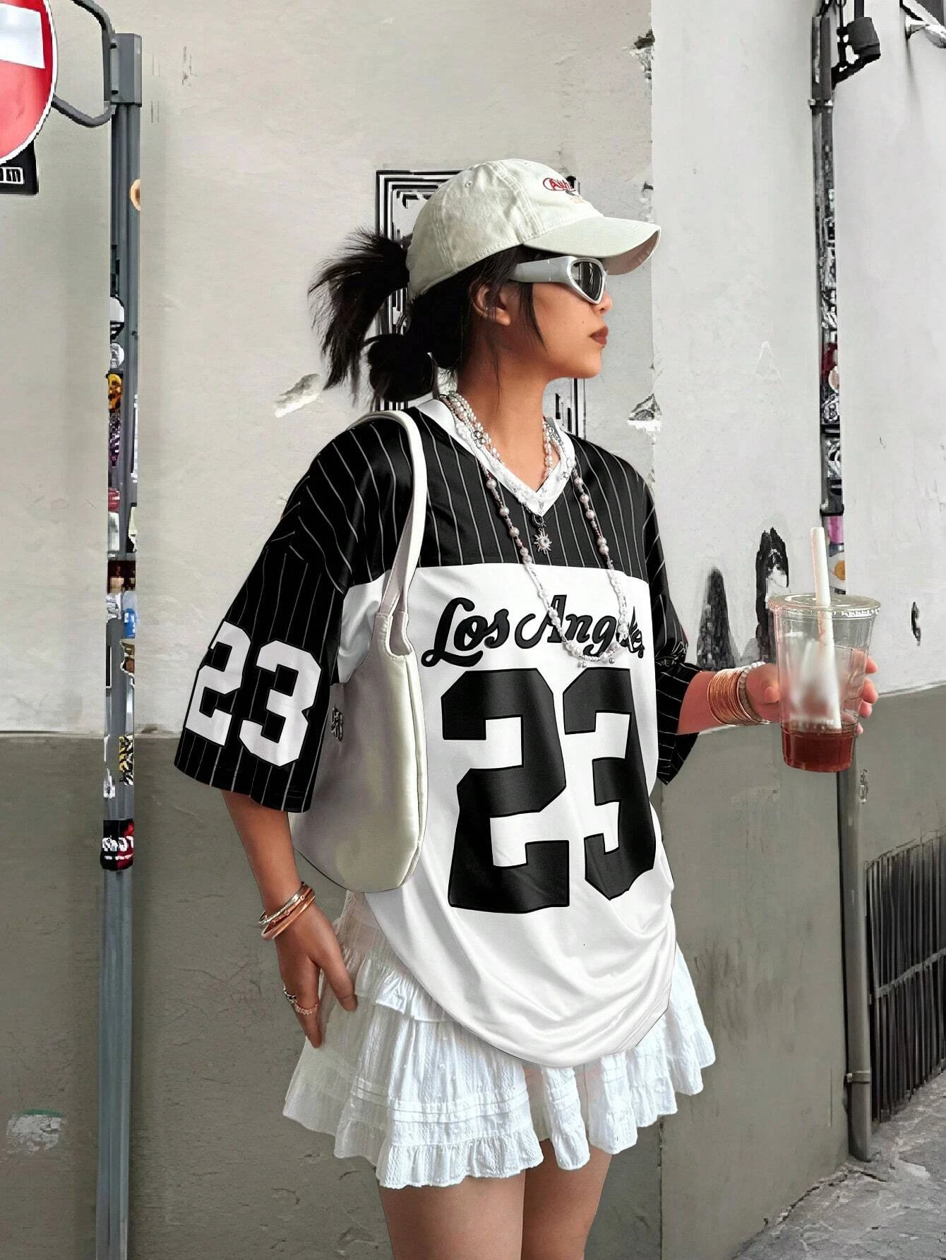 INAWLYNS womens casual sports style # 23 and letter stripe splicing work print loose fashionable Vneck Tshirt short sleeved top 250407