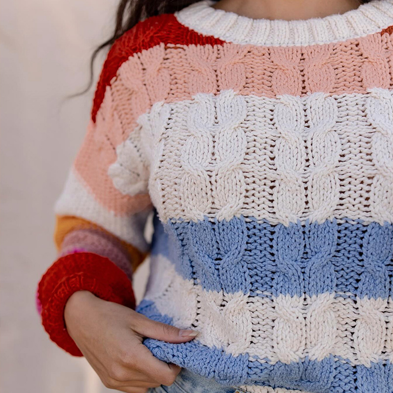 Women's color-block striped top, round-neck long-sleeve sweater, casual street chic, popular in autumn and winter, versatile for outings, women&#