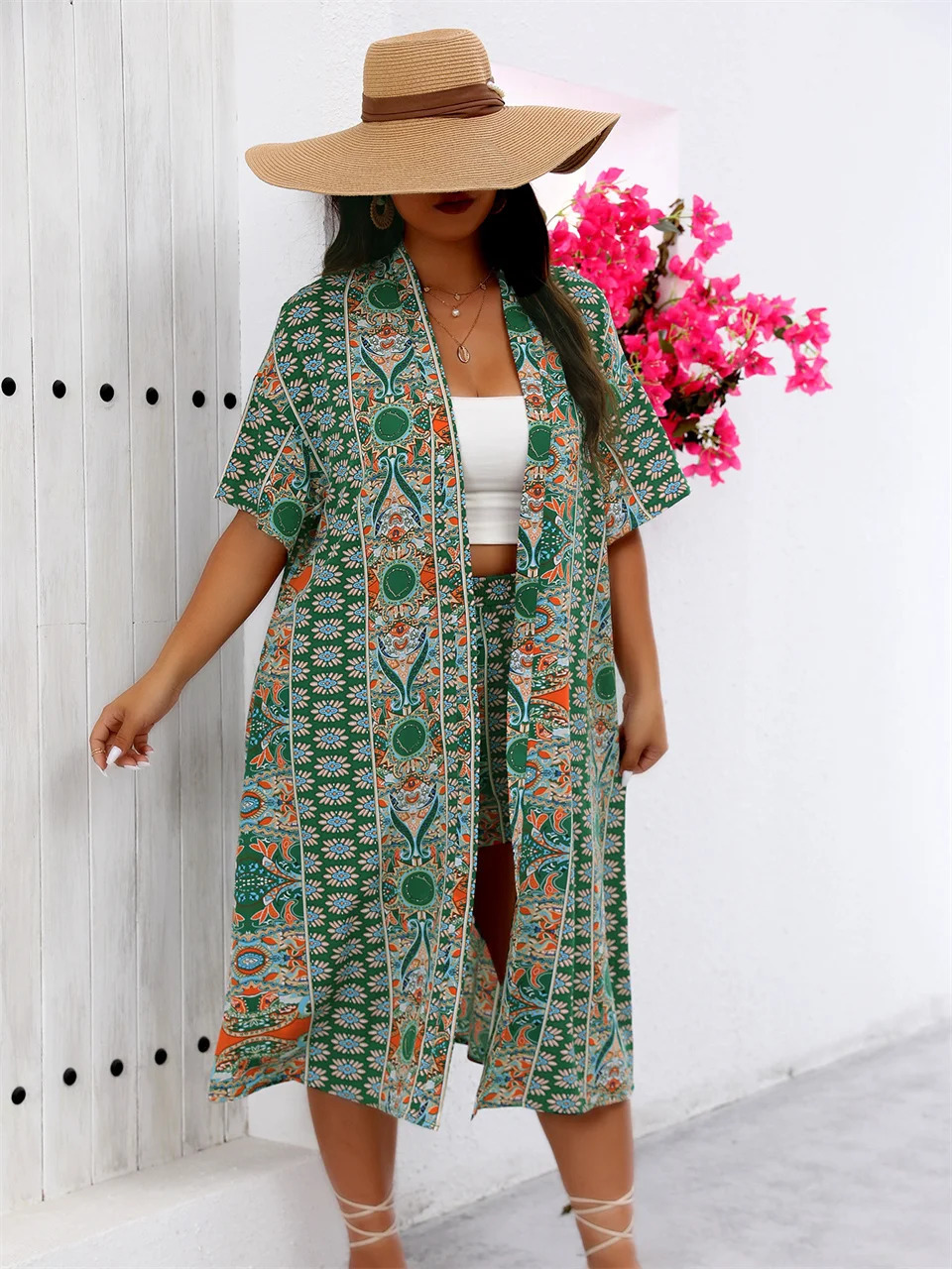 Gibsie Plus size summer twopiece set suitable for womens vacations long kimono cardigan with shorts beach style Bohemian print 250313