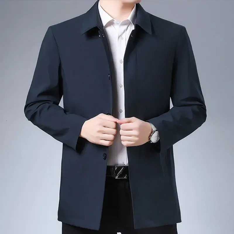 Casual Business Collar Windshield Jacket Mens Coats High Quality Spring Trench Solid Color Medium Length 250313
