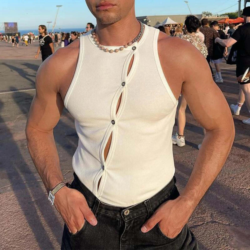 Mens sexy hollow transparent vest sleeveless tight fitting vest summer retro party T-shirt irregular button decoration T-shirt 250403