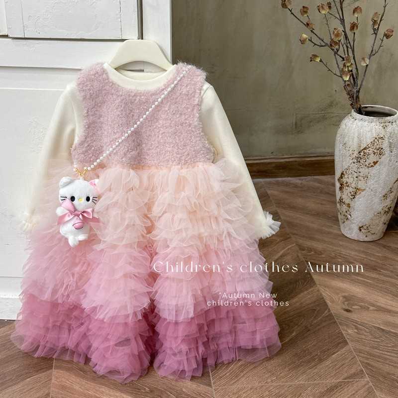 Girls' dress 2025 winter pink gradient mesh dress with fleece lining; doll solid color dress. L251107