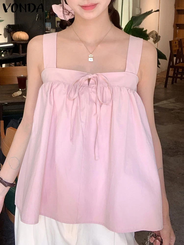 Summer womens vest sexy waistband sleeveless VONDA casual Tshirt solid color loose 250407