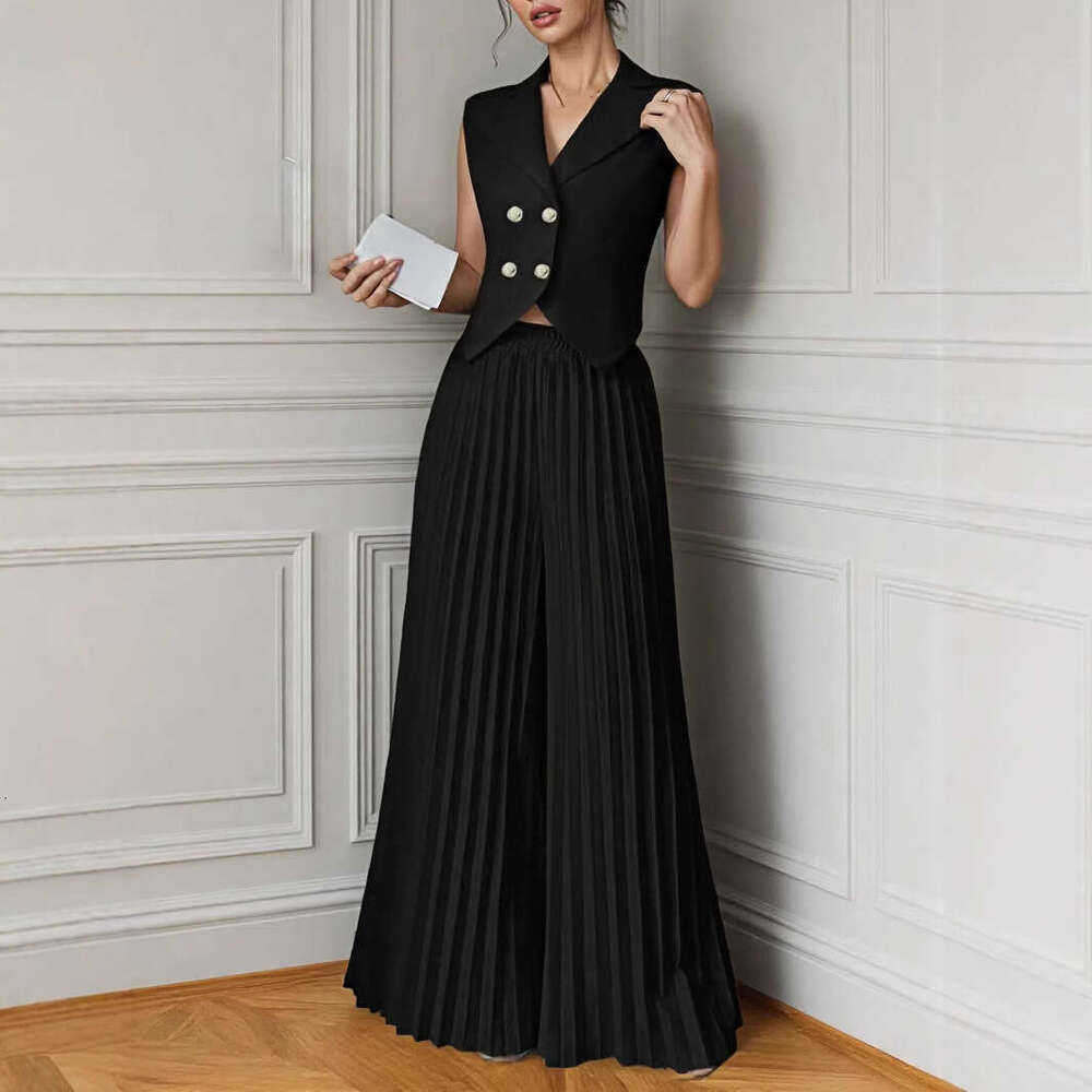 2025 Women's Cross-Border New Fashion Vest Pleated Skirt Two-Piece Set Long Pants Suit for Women