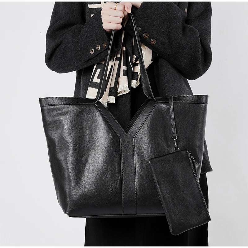 Y Shape Genuine Leather Tote Large Capacity Shoulder Women Underarm Travel Storage Shopping Bag With Wallet