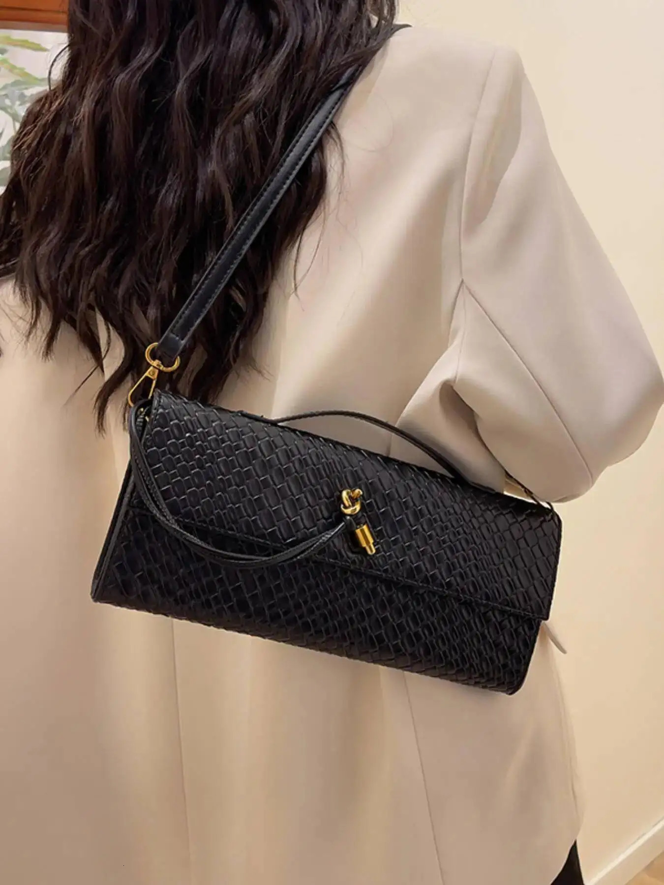 Womens Intage Minimalist Fauxwoven Felt Flap Lock Long Handbagtote Bag Large Capacity Clutch Suitable For R251107