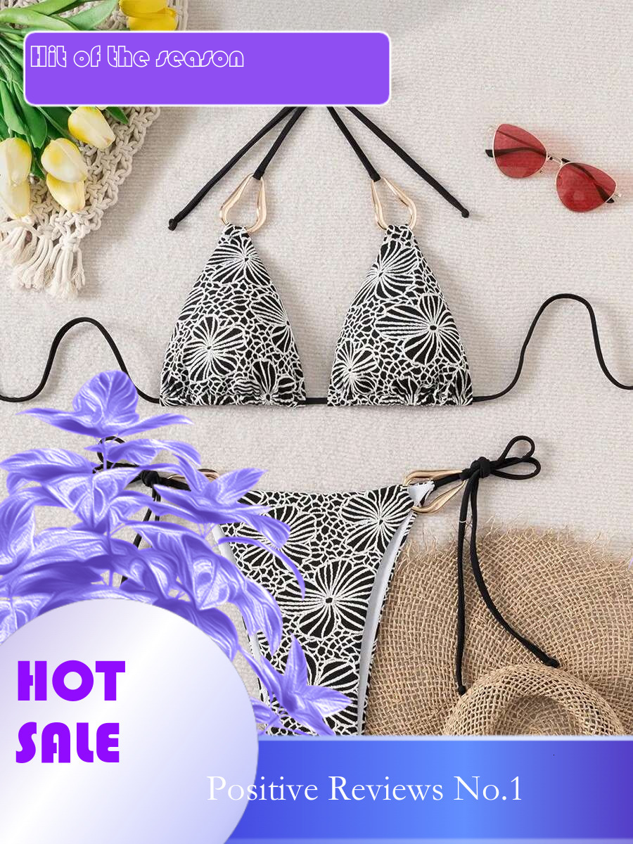 Dongdumaoyi Sexy Black Floral Print Bikini Set Women Metal Strap Lace Push Up Mini Swimsuit Brazilian Beach Bathing Suit Thong Swimwear