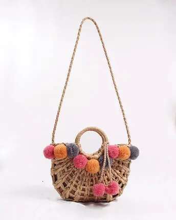 NEW Colorful Wool Ball Pom Beach Shopping Basket Chic Woven Straw Handbags For Women Shoulder Bag Summer Totes Female
