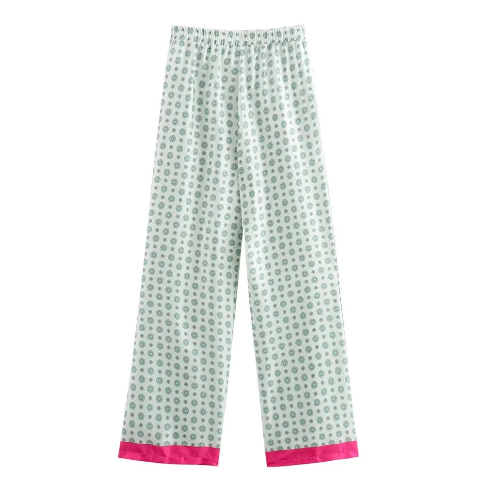 Zach Ailsa Autumn Product Womens Collar Long Sleeve Silk Texture Spliced Printed Shirt Straight Pants Casual Set 250407