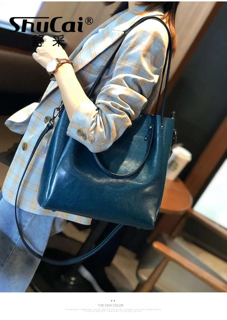 Shoulder Large Casual Tote Fashion Messenger Cowhide Leather Women's Bag Large-Capacity Ladies Handbag Bucket High Quality