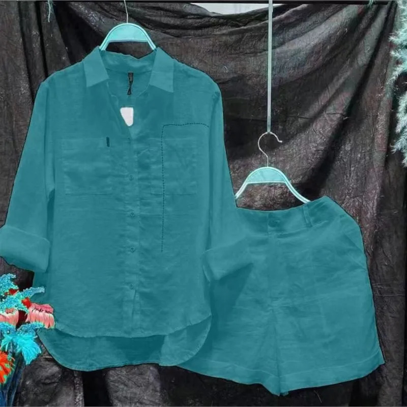 Summer cotton linen casual home 2-piece set for women fashionable white long sleeved shirt and short sleeved two-piece track and field outfit 250402