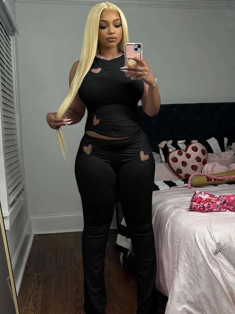 Kliou Heart Hollow Women 2 Piece Set Summer New Casual Sleeveless O-Neck Vests+High Waist Skinny Pants Female Basic Streetwear