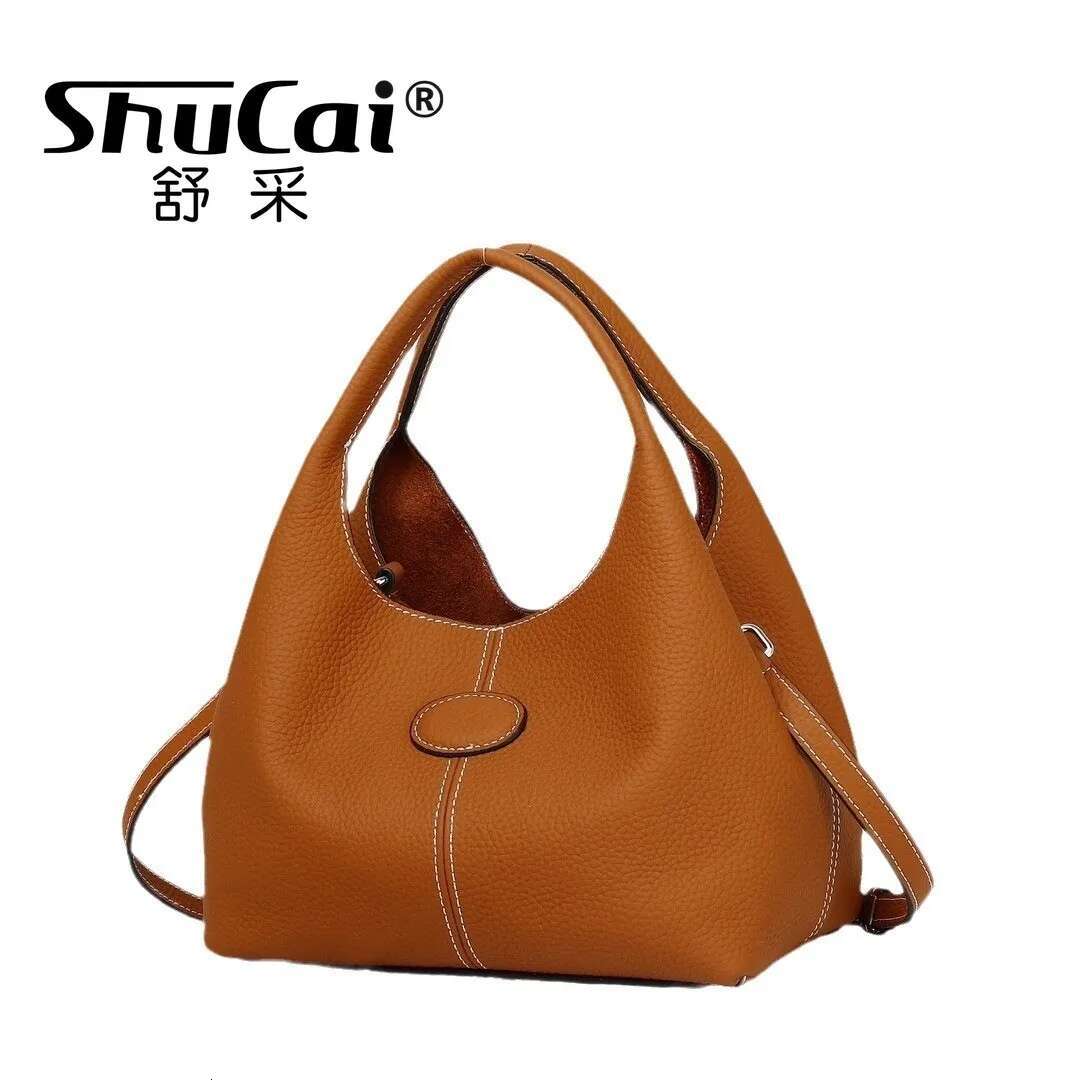 Genuine Leather Women's Cowhide Bucket Bag Vegetable Basket Shoulder Niche Design Underarm Crossbody Bags For Women